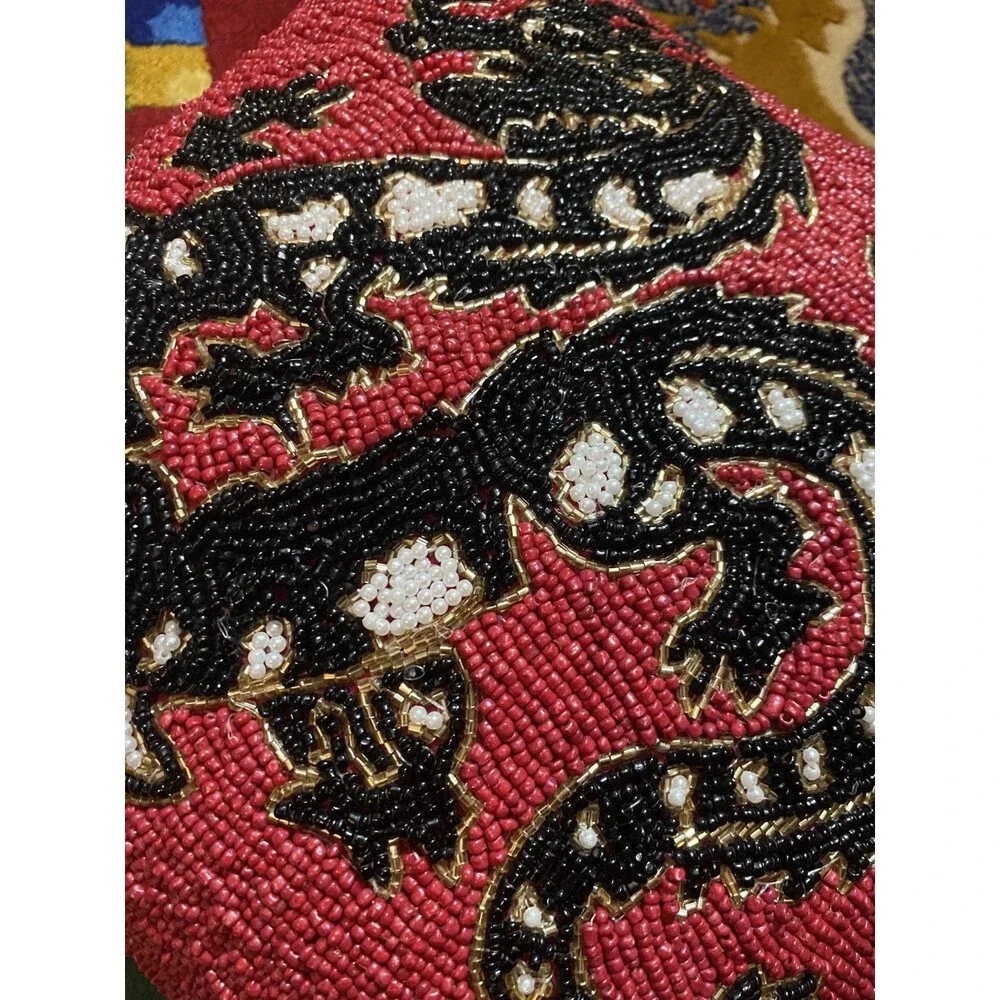 Chinese New Year 2024 Dragon Red Black 13x13 Square Beaded Toss Pillow Zodiac